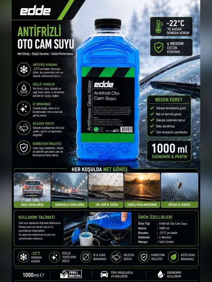 Edde Kışlık Parfümlü Oto Cam Suyu 1l Araba Araç Oto Antifrizli Silecek Suyu