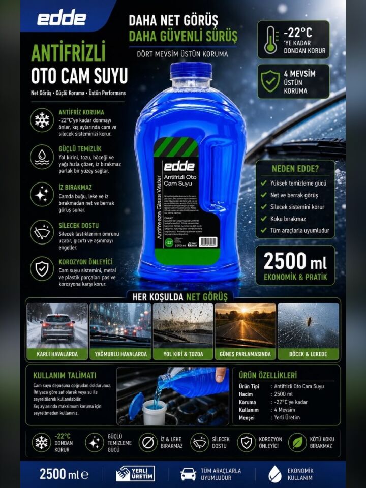 Edde Kışlık Parfümlü Oto Cam Suyu 2,5l Araba Araç Oto Antifrizli Silecek Suyu