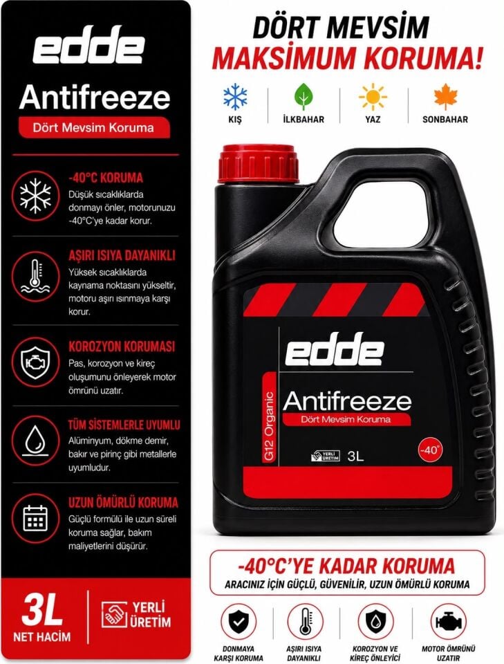 Edde Araba Araç Oto Antifriz Kırmızı 3L Dört Mevsim