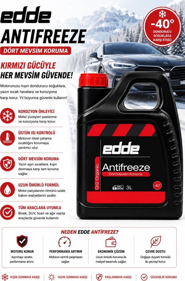 Edde Araba Araç Oto Antifriz Kırmızı 3L Dört Mevsim