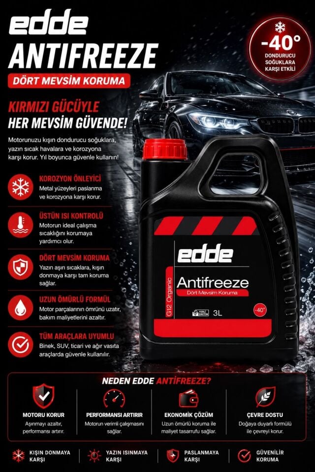 Edde Araba Araç Oto Antifriz Kırmızı 3L Dört Mevsim