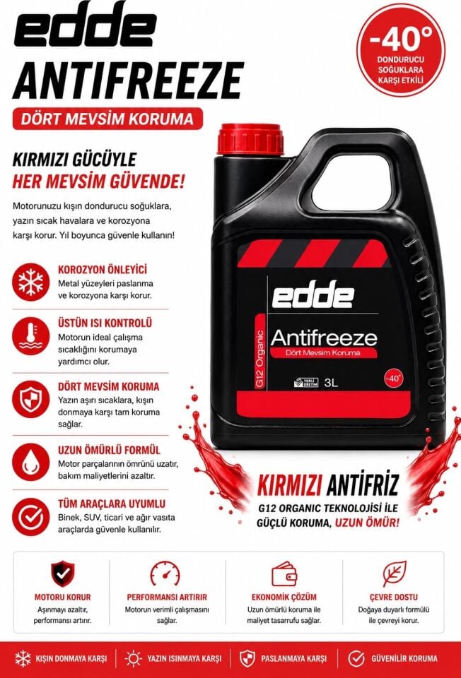 Edde Araba Araç Oto Antifriz Kırmızı 3L Dört Mevsim