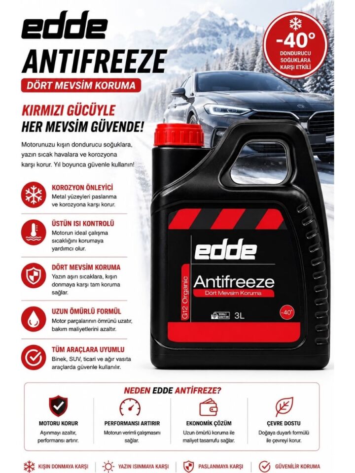 Edde Araba Araç Oto Antifriz Kırmızı 3L Dört Mevsim