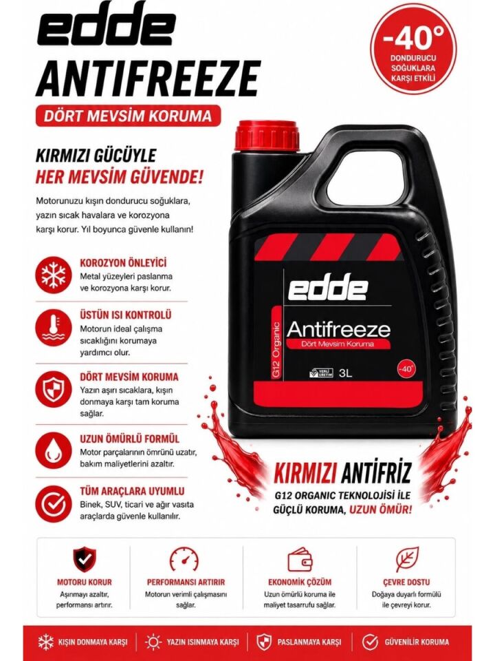 Edde Araba Araç Oto Antifriz Kırmızı 3L Dört Mevsim