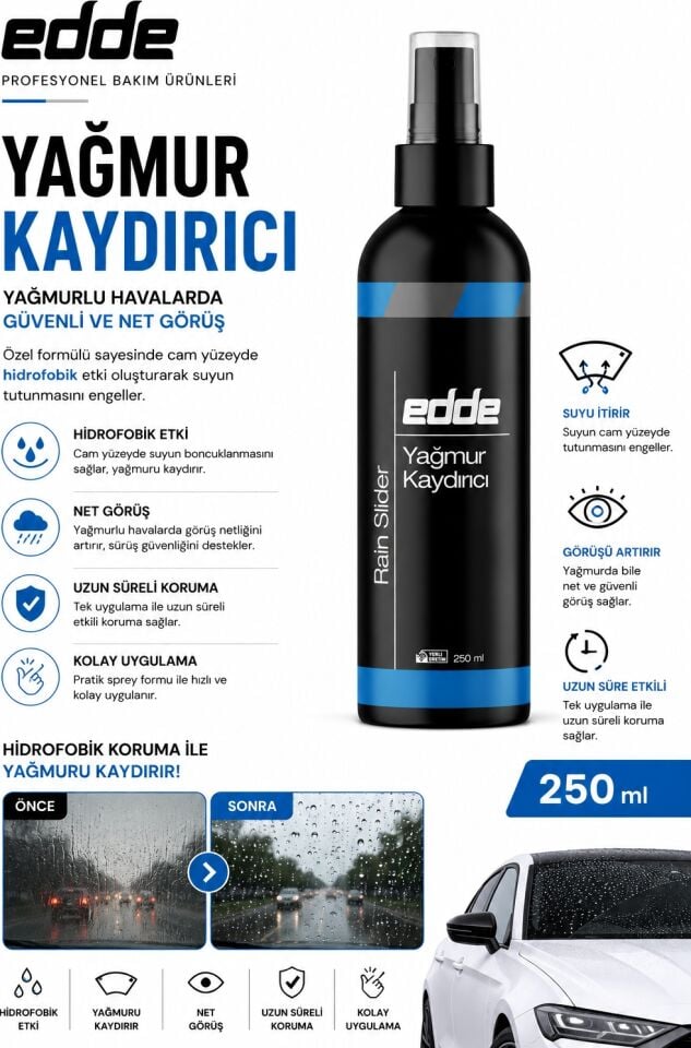 Edde Araba Araç Oto Cam Yağmur Kaydırıcı Ayna Cam Yağmur Suyu Kaydırıcı 250 ml Oto Detailing