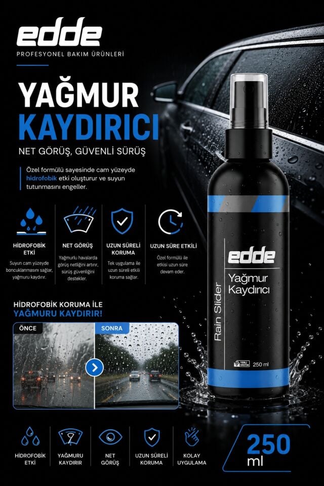 Edde Araba Araç Oto Cam Yağmur Kaydırıcı Ayna Cam Yağmur Suyu Kaydırıcı 250 ml Oto Detailing