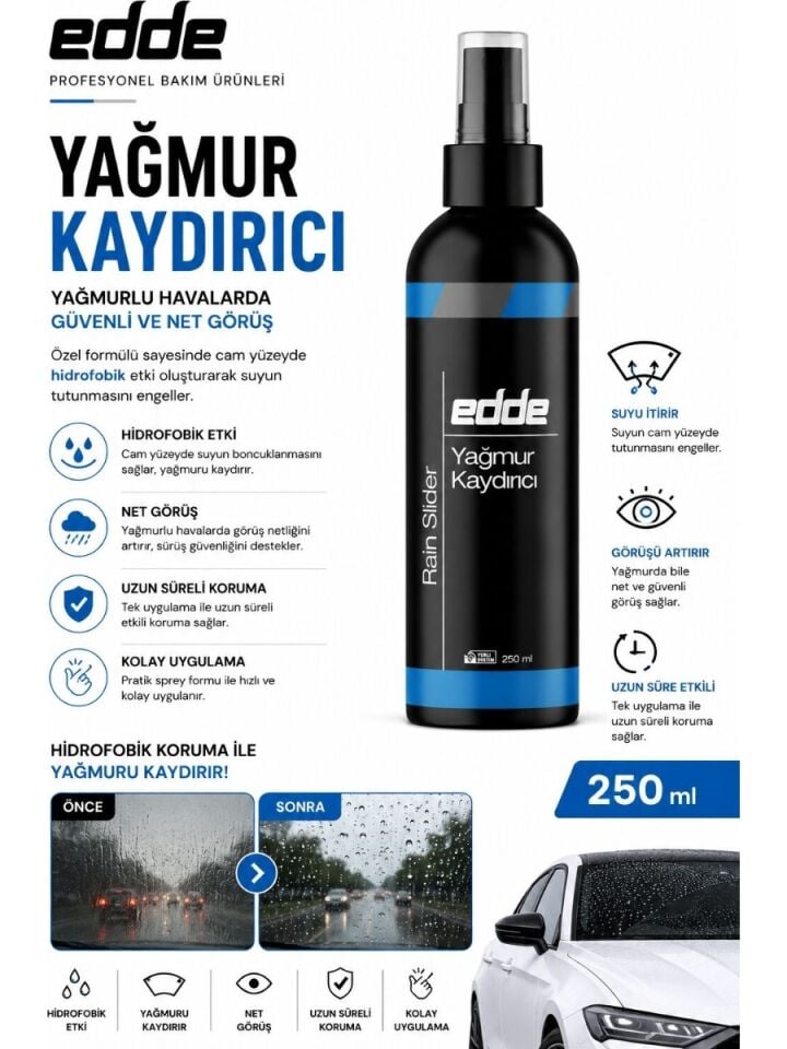 Edde Araba Araç Oto Cam Yağmur Kaydırıcı Ayna Cam Yağmur Suyu Kaydırıcı 250 ml Oto Detailing