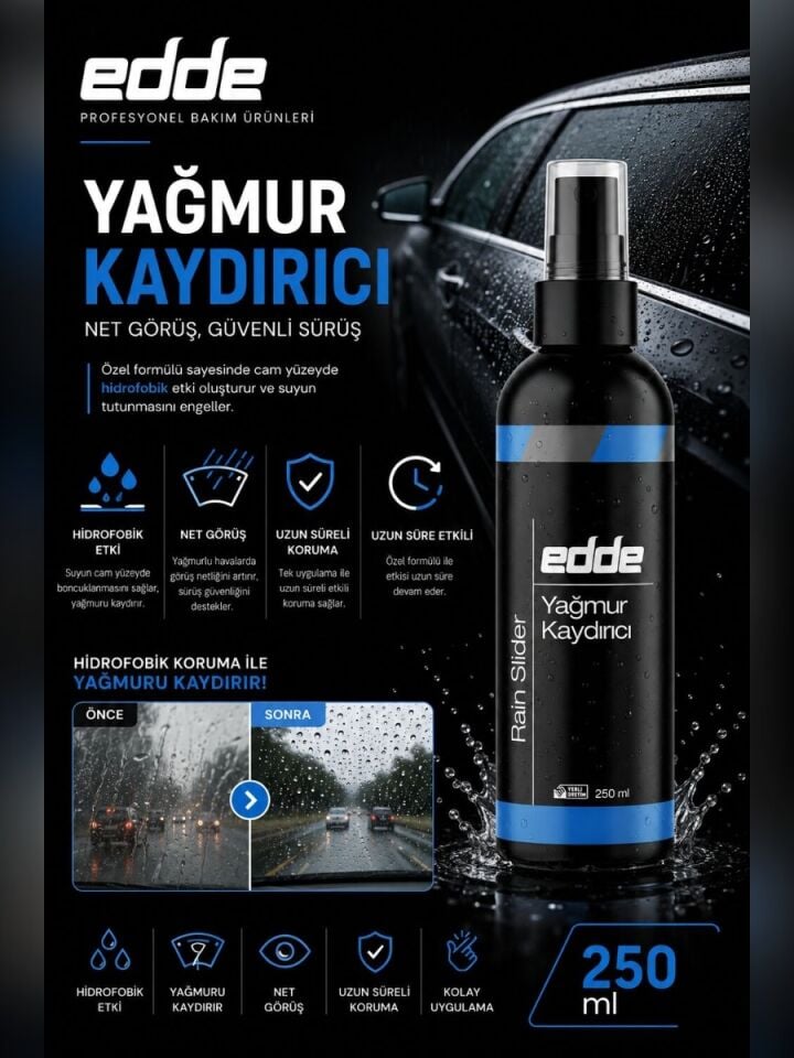 Edde Araba Araç Oto Cam Yağmur Kaydırıcı Ayna Cam Yağmur Suyu Kaydırıcı 250 ml Oto Detailing