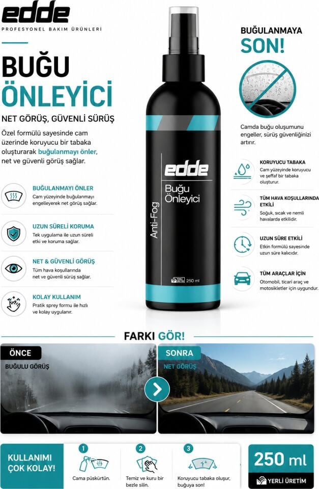Edde Araba Araç Oto Cam Buğu Giderici Buğu Önleyici Sprey Buhar Önleyici Anti-Fog 250 ml Oto Detailing