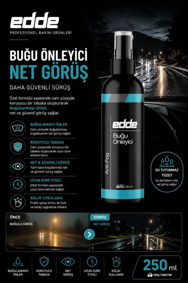 Edde Araba Araç Oto Cam Buğu Giderici Buğu Önleyici Sprey Buhar Önleyici Anti-Fog 250 ml Oto Detailing