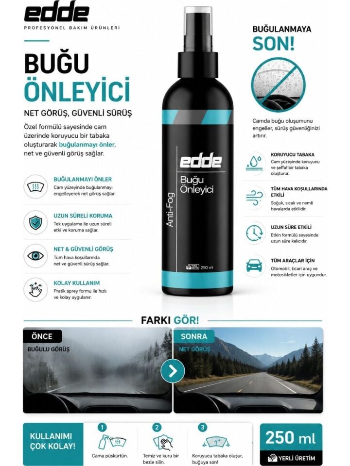 Edde Araba Araç Oto Cam Buğu Giderici Buğu Önleyici Sprey Buhar Önleyici Anti-Fog 250 ml Oto Detailing