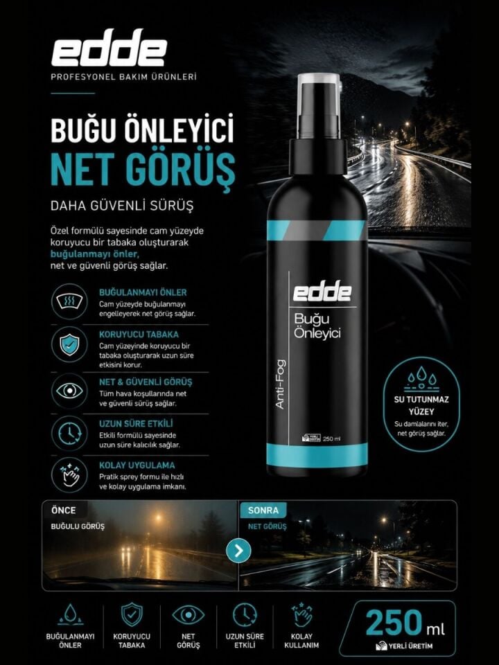 Edde Araba Araç Oto Cam Buğu Giderici Buğu Önleyici Sprey Buhar Önleyici Anti-Fog 250 ml Oto Detailing