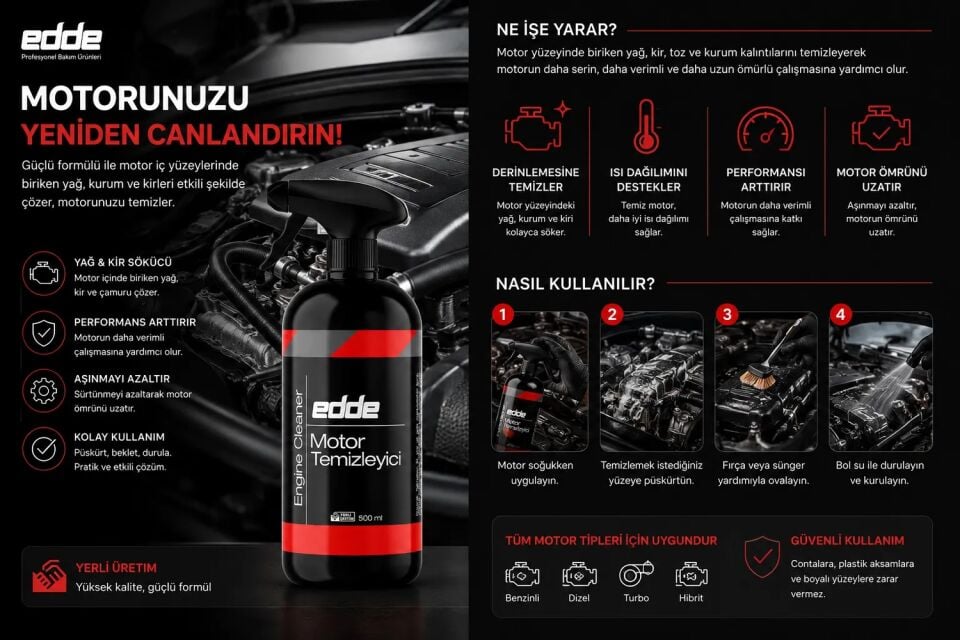 Edde Araba Araç Oto Premium Motor Temizleyici Sprey Motor Temizleme Spreyi 500 Ml Oto Detailing